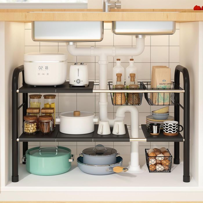 KOSIWU Expandable Under Sink Organizer 2 Tier – Adjustable Shelf with Removable Baskets