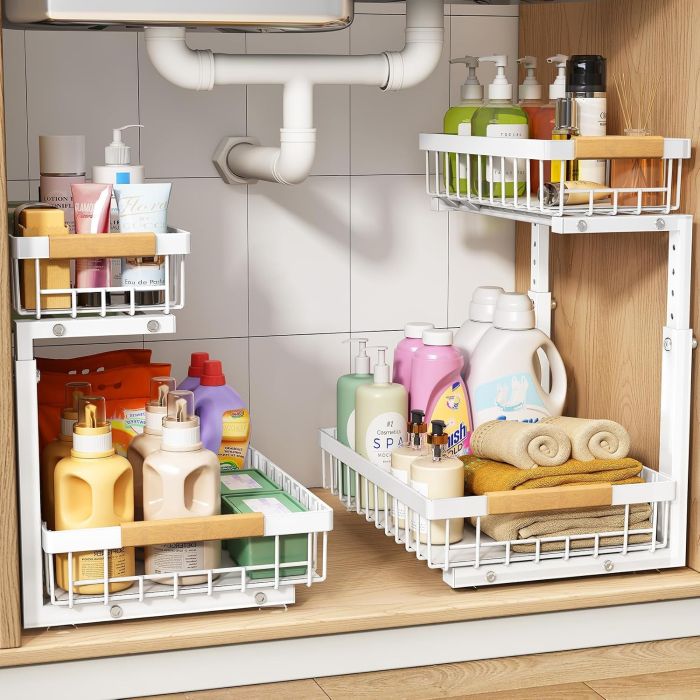 PXRACK Under Sink Organizer 2 Pack – Adjustable Height Pull Out Cabinet Storage